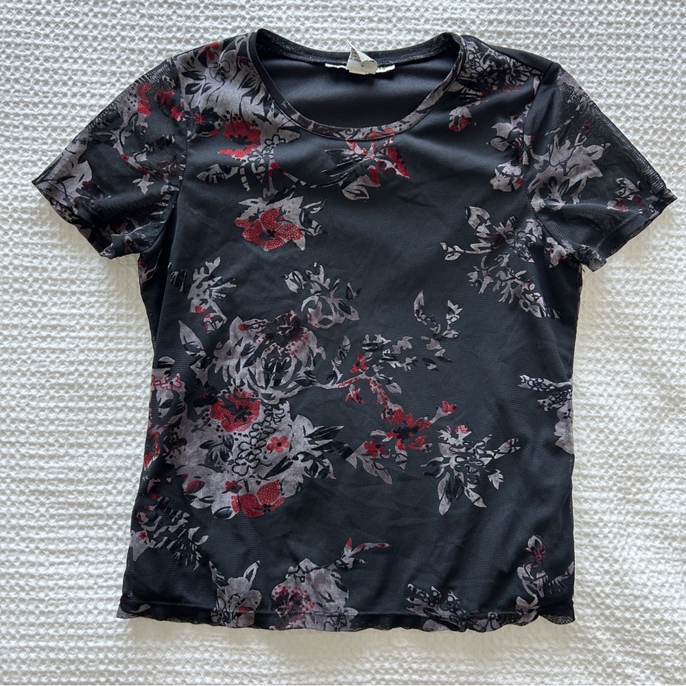 Requirements Vintage 90s/Y2K Velvet Burnout Black Floral Tee with Sheer Overlay - Picture 2 of 7